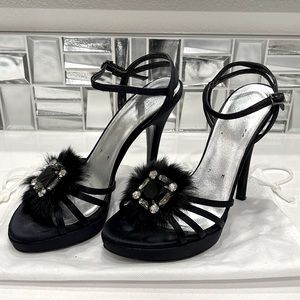 Stuart Weitzman Embellished Black Satin Strappy Platform Heel Size 7